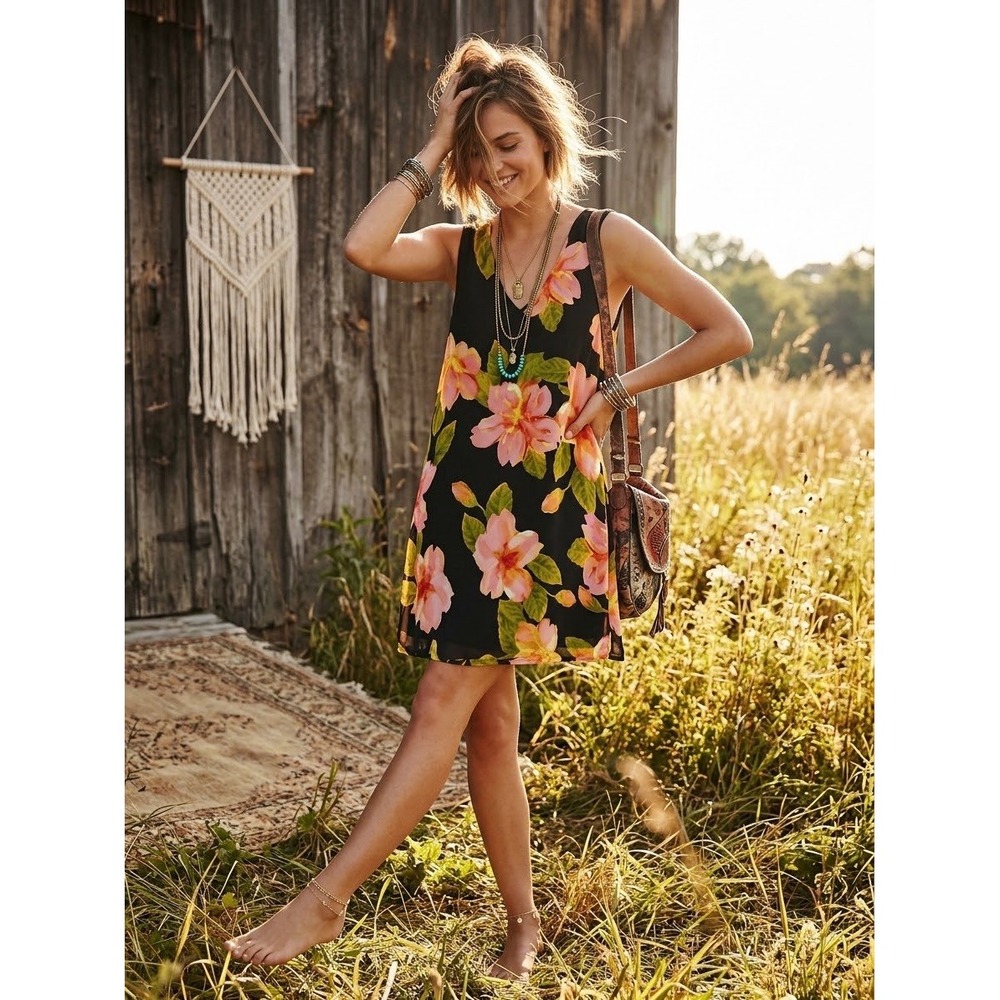 Ecru Silk Floral V-Neck Sleeveless Shift Dress Black Pink Orange Small